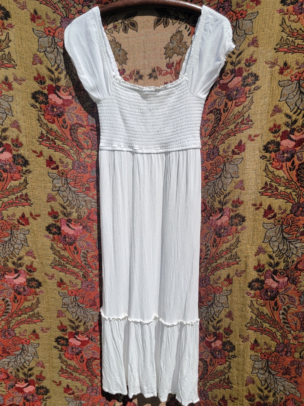 White Smocked Midi Dress with Puff Sleeves | Cottagecore Boho Indie Festival - Picture 3 of 5